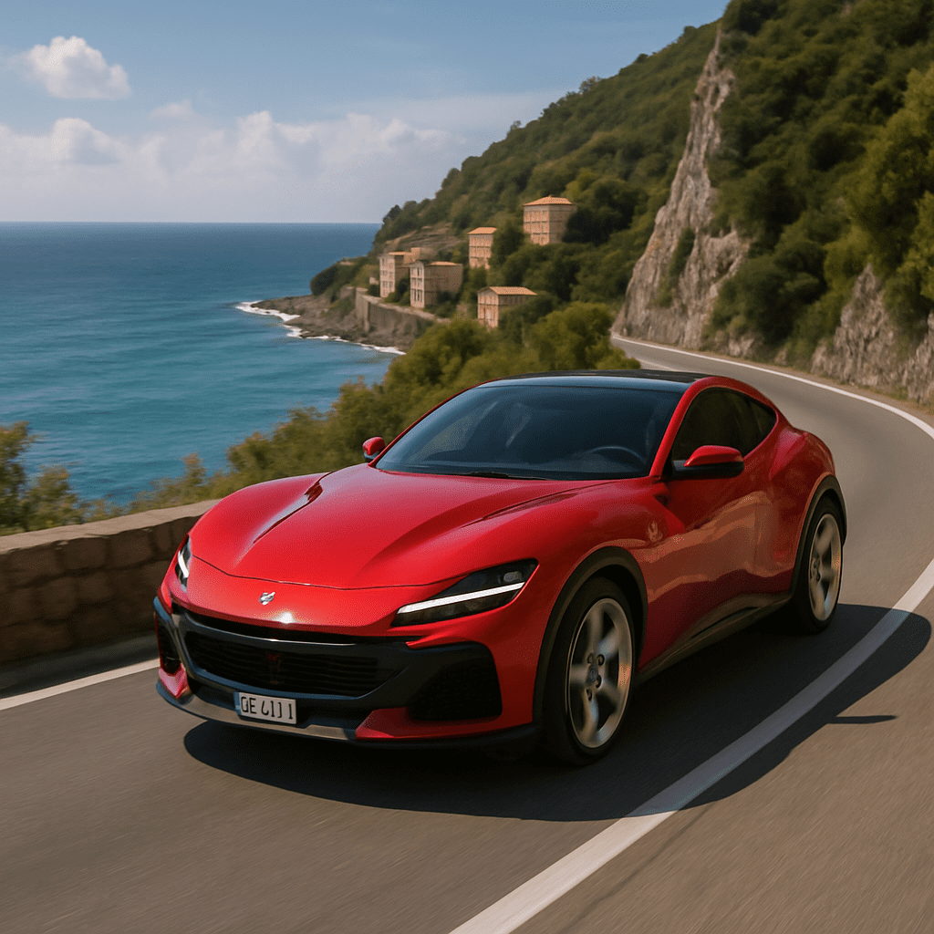 Roter Ferrari Purosangue auf einer malerischen Küstenstraße in Italien