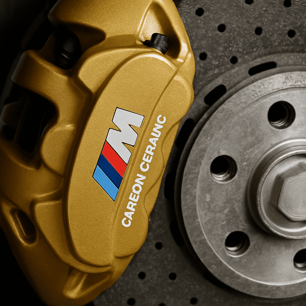 Nahaufnahme der goldenen Bremssättel der M Carbon-Keramik-Bremse