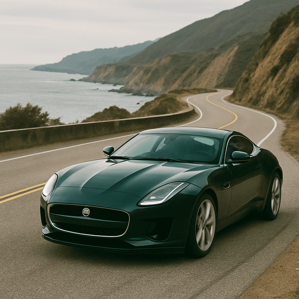 Ein eleganter Jaguar F-Type in British Racing Green auf einer kurvigen Küstenstraße