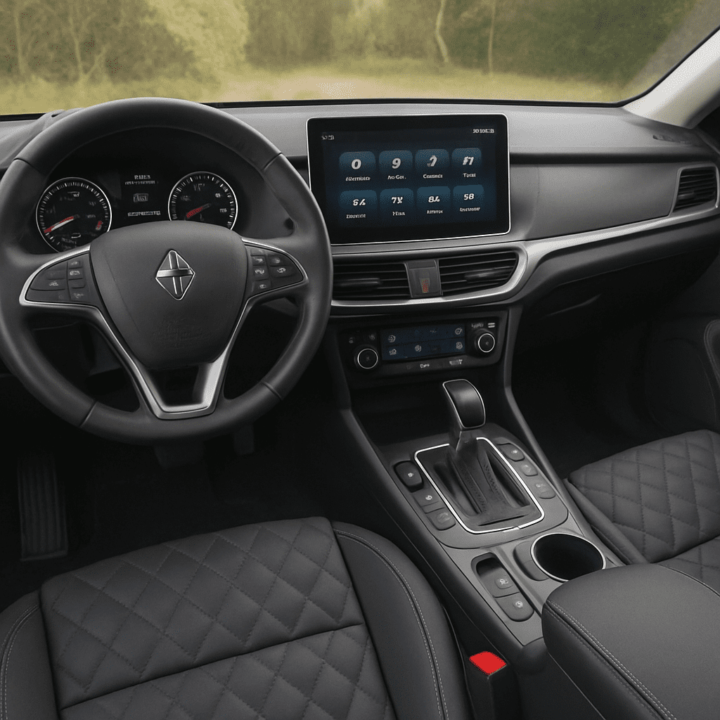 Innenraum des Borgward BX7 mit Fokus auf das große 12,3-Zoll Infotainment-Display und die gesteppten Ledersitze