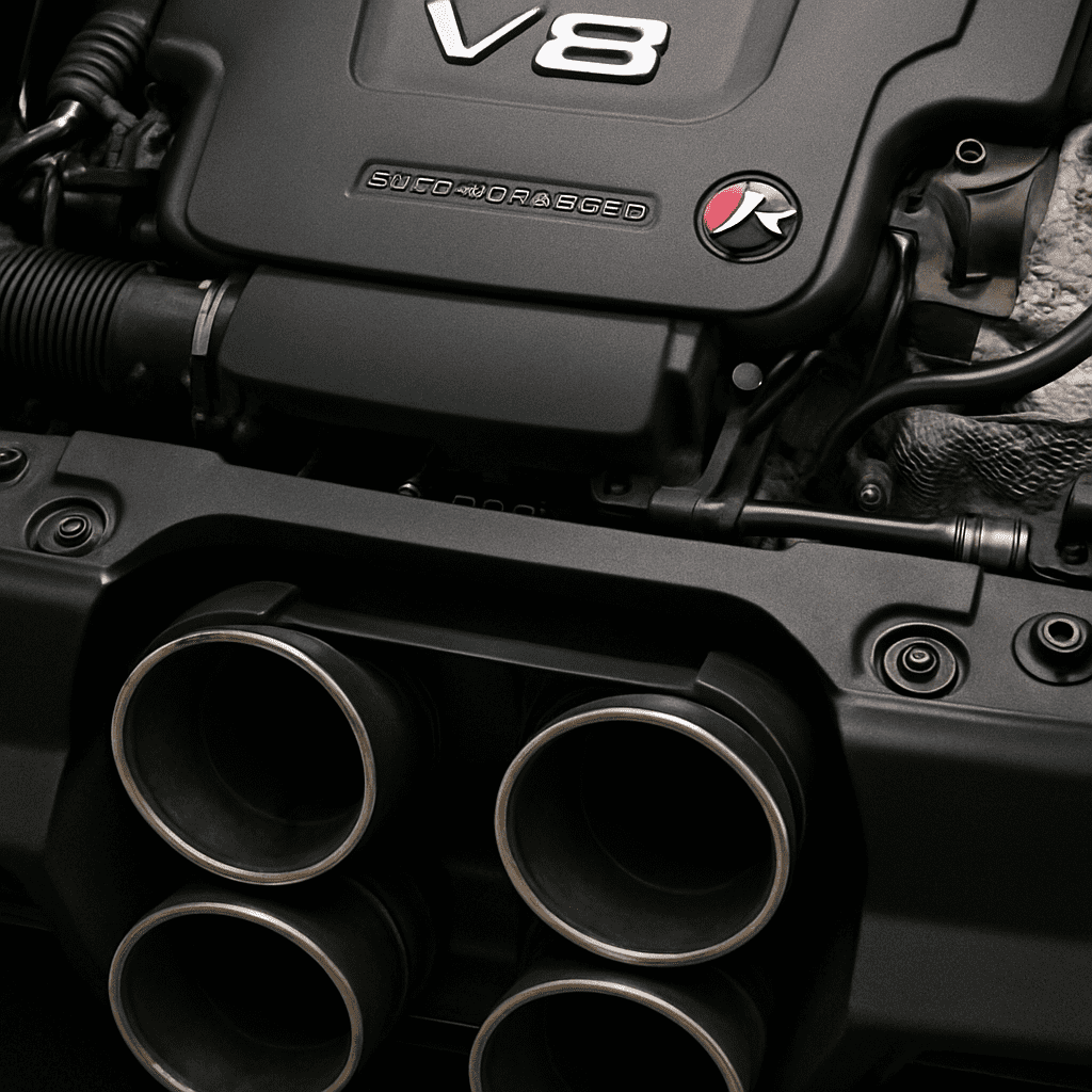 Detailaufnahme des massiven V8-Motors und der vierflutigen Auspuffanlage des F-Type R